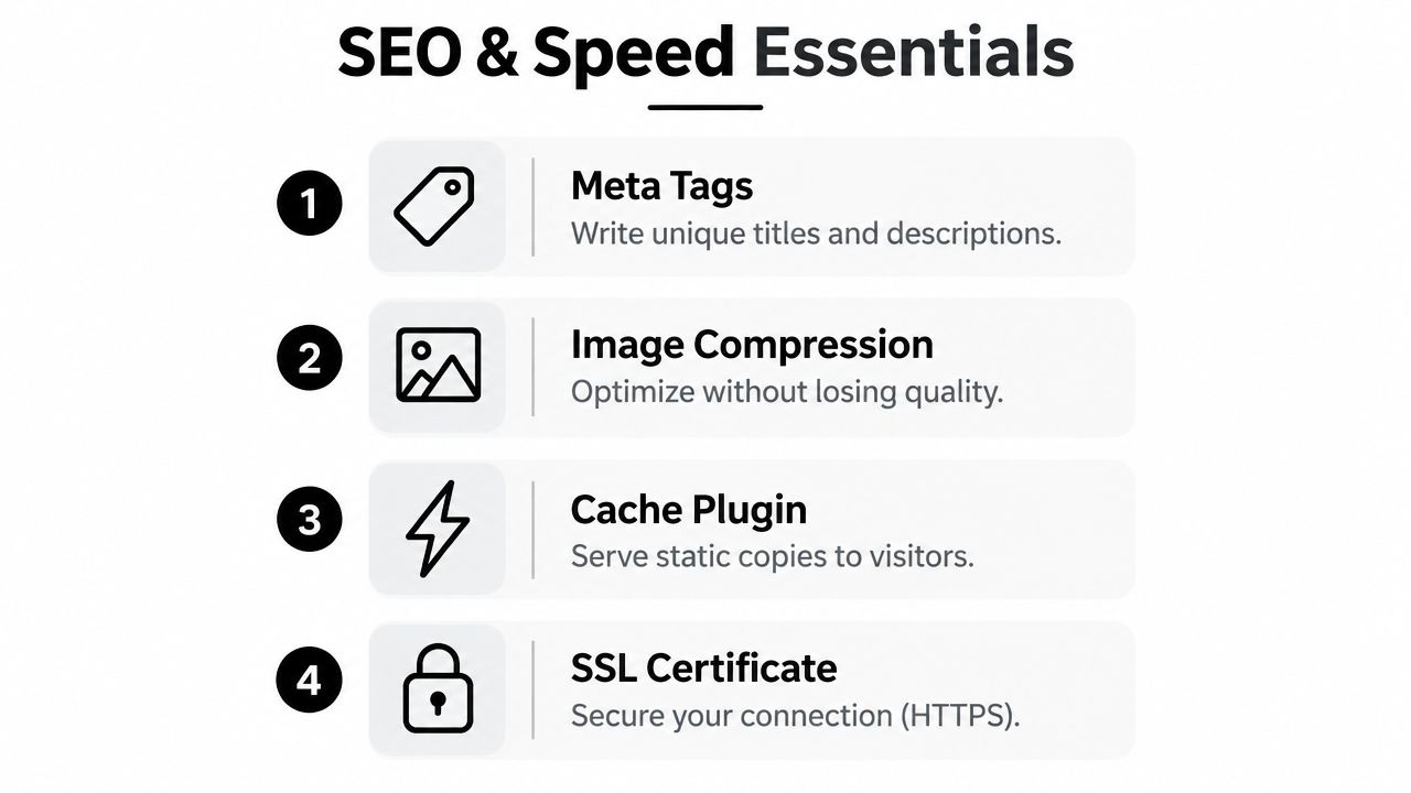 A list of four essential tips for improving SEO and website speed, including meta tags and compression.