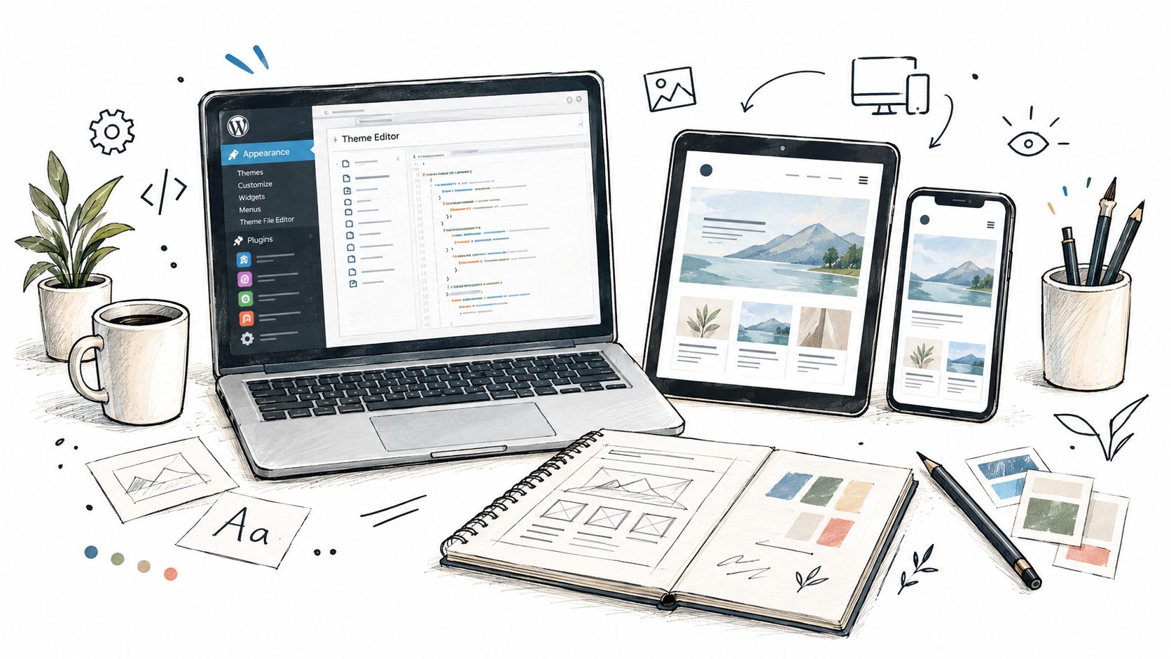 A creative workspace featuring a laptop, tablet, and smartphone displaying WordPress development and website design interfaces.