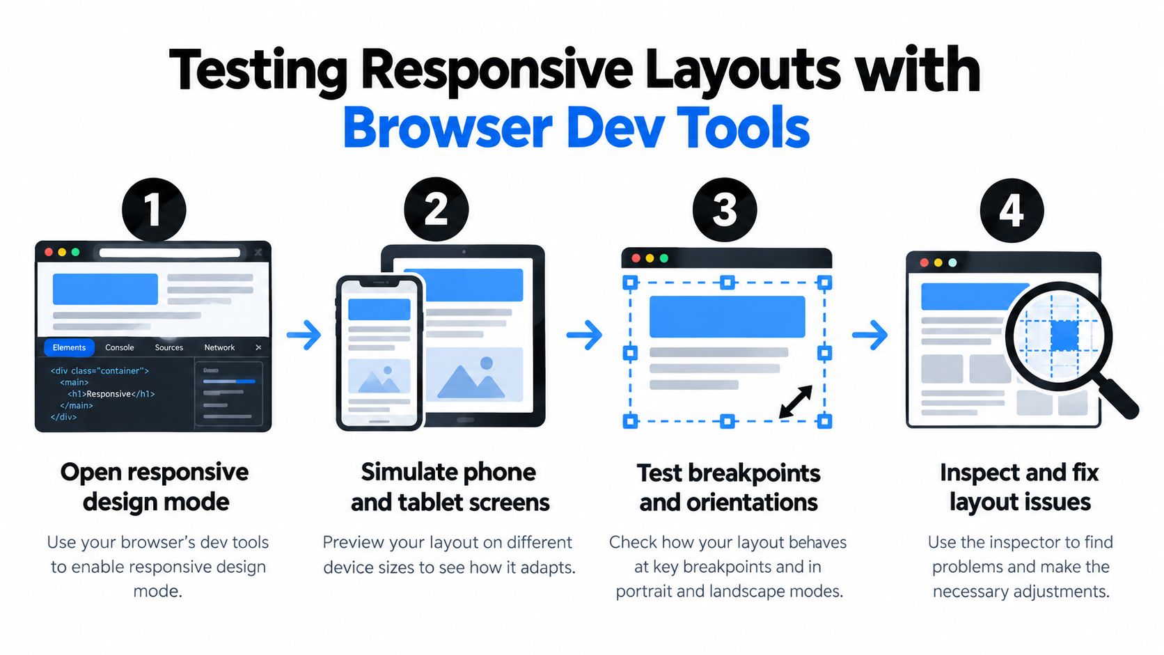 An infographic showing four steps to test responsive website layouts using browser developer tools.