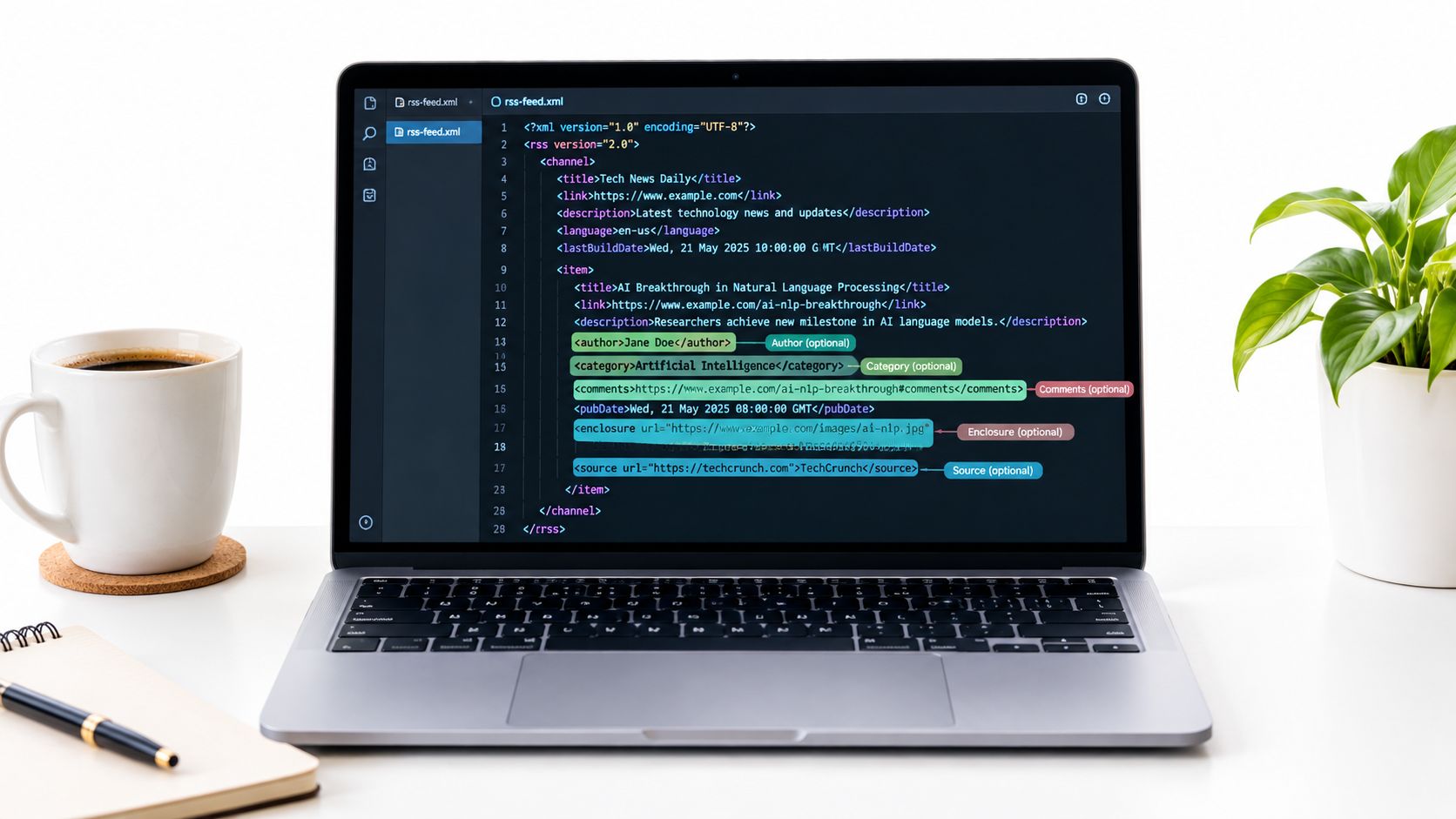 A modern laptop on a white desk displaying an RSS feed XML file in code editor.