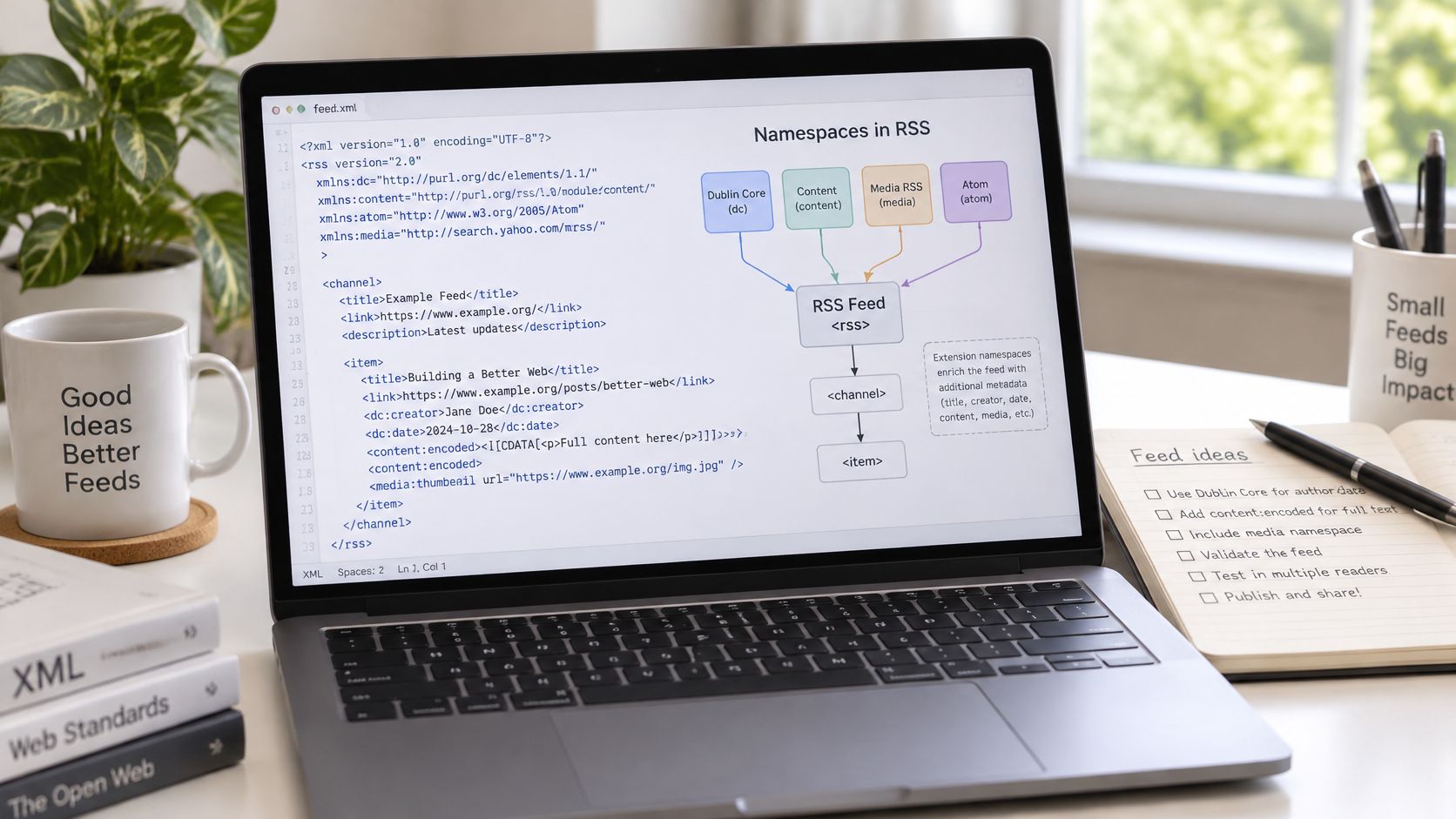 A laptop screen displaying an RSS feed code example alongside a diagram showing RSS namespaces.