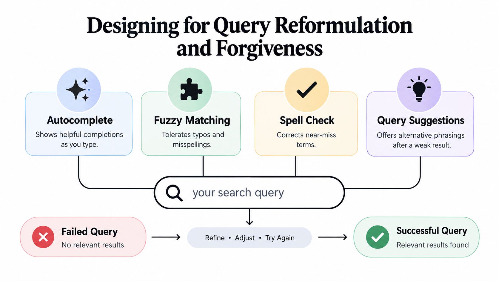 A diagram illustrating design principles for improving site search through query reformulation and user-friendly error correction methods.