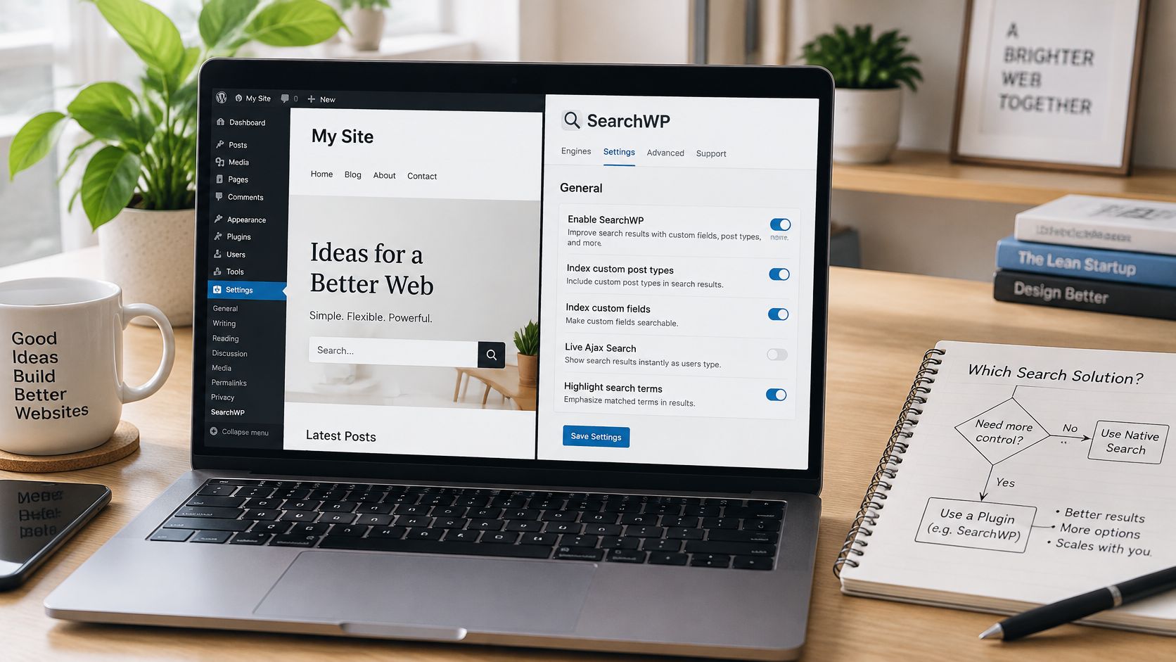 A modern laptop on a wooden desk showing SearchWP plugin settings on a WordPress dashboard website interface.
