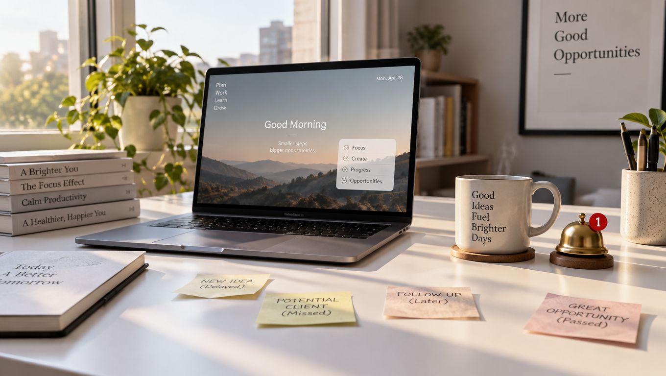 A clean, sunlit desk workspace featuring a laptop, a coffee mug, sticky notes, and a notification bell.