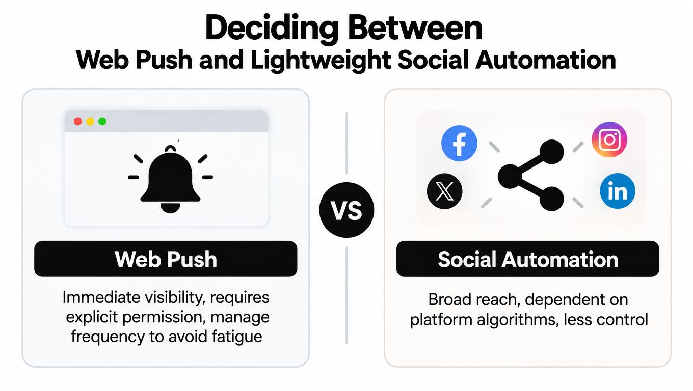 A comparison chart highlighting the pros and cons of using web push notifications versus social media automation.