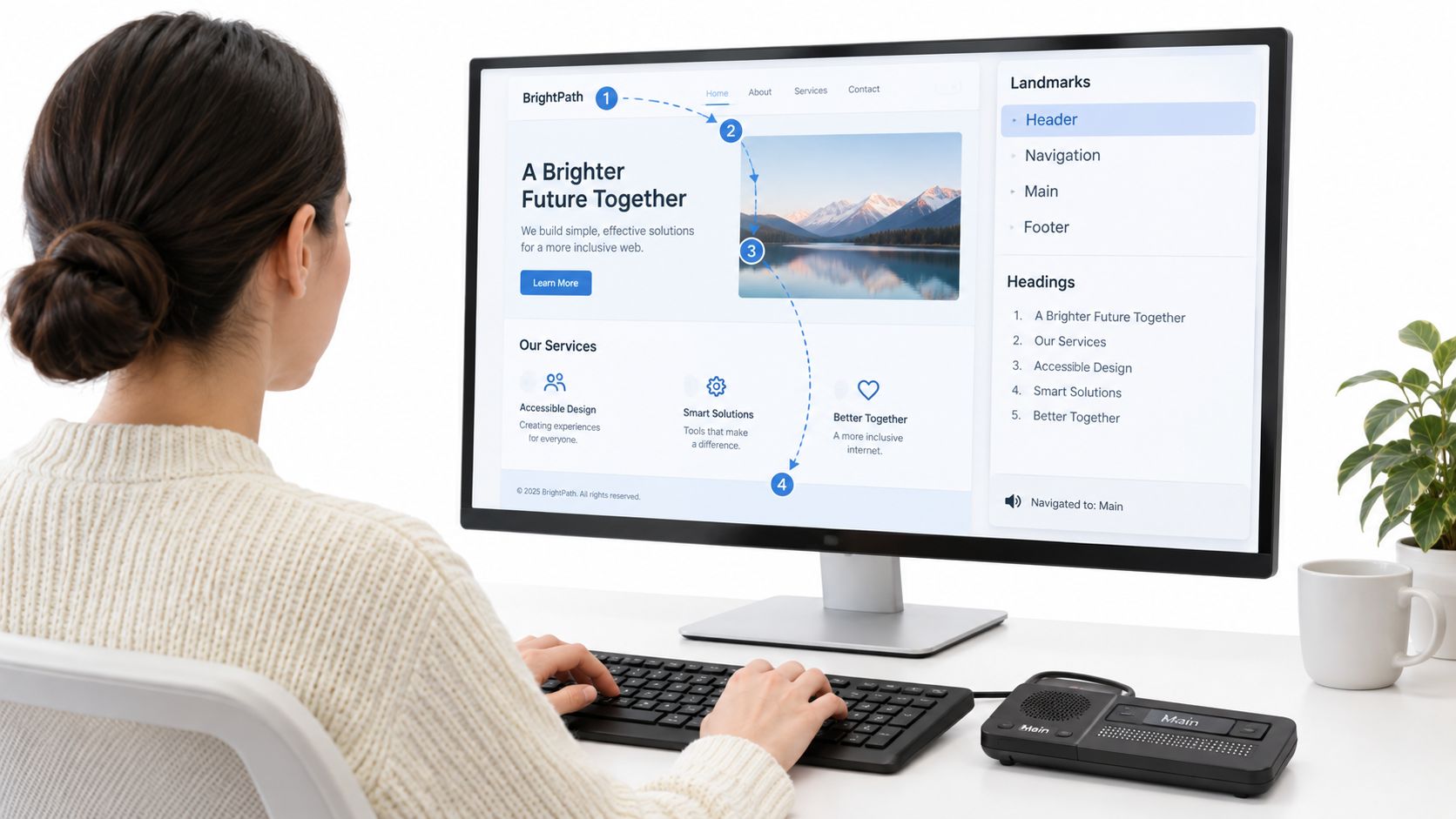 A woman using assistive technology to navigate a website layout with semantic HTML landmarks and heading structure.
