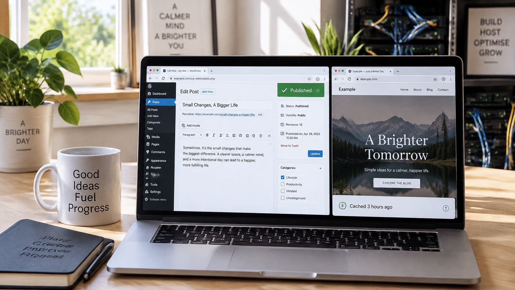 A laptop open on a wooden desk showing a WordPress dashboard with a published post and website view.